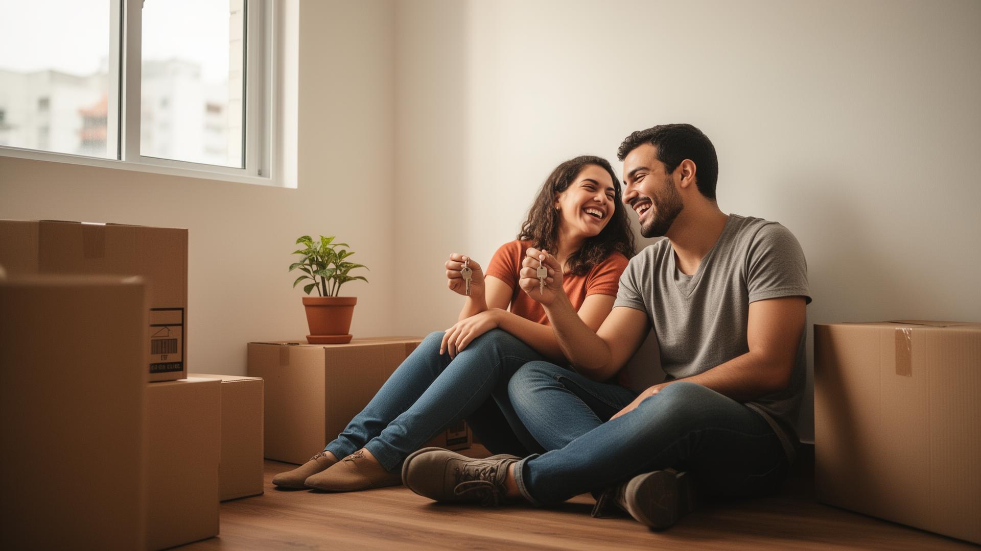 Casal emocionado segurando a chave do primeiro imóvel