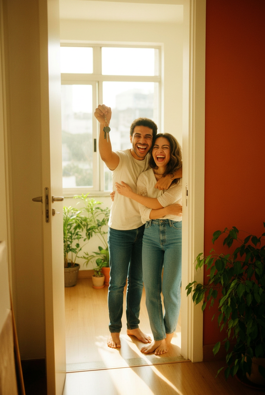 Casal na porta do primeiro imóvel, segurando a chave